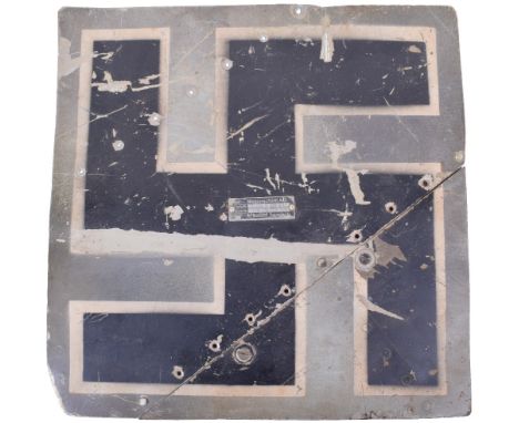 WW2 German Luftwaffe Swastika Panel Cut From a Crashed Messerschmitt Bf 109 E, painted black swastika on green / grey alumini