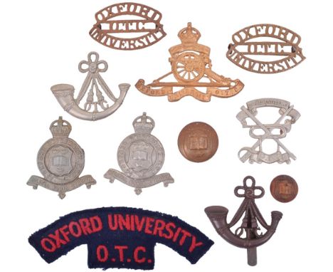 Oxford University OTC Badge Grouping, consisting of Oxford University OTC Artillery cap badge, white metal strung bugle with 