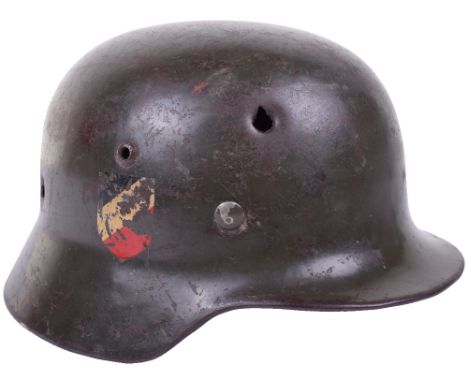 WW2 German Army Double Decal Battle Damaged Steel Combat Helmet, superb untouched example of an early Model 35 steel combat h