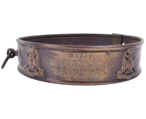 Regimentally Important Wiltshire Regiment Brass Animal Collar, large brass animal collar fitted with regimental cap badges an