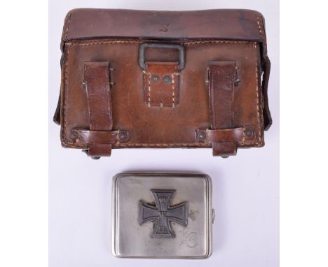 Imperial German Leather Medical Pouch, in brown leather with straps and rectangular steel attachment fitting. Contents label 