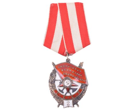 Scarce Soviet Russian 2nd Award Order of the Red Banner, in silver and enamels with 2nd award panel to the lower section of t