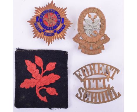 Forest School OTC Badge Grouping, including 1st pattern cap badge, brass and enamel CCF cap badge, brass shoulder title and c