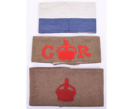 3x WW1 Period Armbands, consisting of WW1 Lord Derby scheme VTC armband in khaki with red felt crown to the centre; similar e