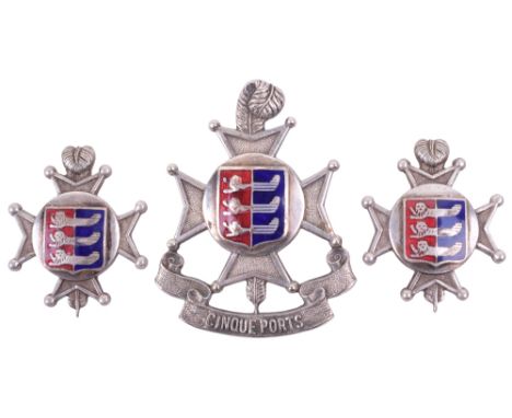 5th Cinque Ports Battalion Royal Sussex Regiment Officers Cap and Collar Badge Set, fine quality white metal and enamelled ex