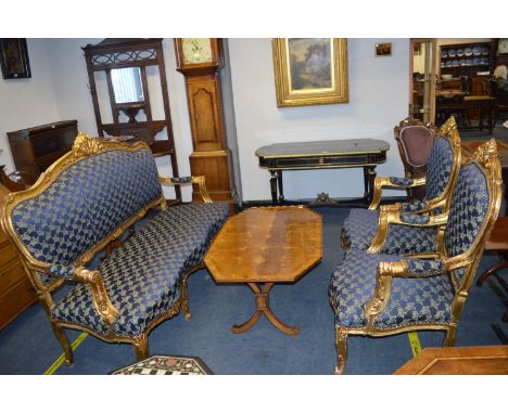 French Louis Style Carved Gilt Wood Three Seat Sofa and Two Armchairs with Blue Upholstery and Applied Gesso Decoration 