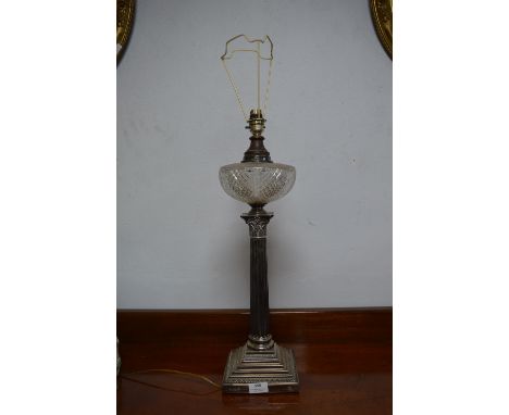 Hallmarked Sterling Silver Corinthian Column Table Lamp with Cut Glass Centerpiece 