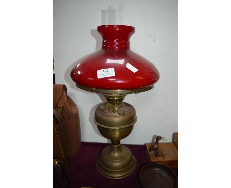 Oil Lamp with Red Glass Shade 