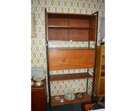 Ladderax Single Black Framed Unit Comprising Teak Drop Down Drinks Cabinet, Open Shelf Unit and Two Shelves 