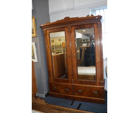 Large Double Edwardian Mahogany Wardrobe with Beveled Edge Mirror Doors 