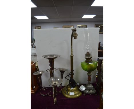 Victorian Oil Lamp, Silver Plate Epergne and a Brass Reading Lamp Base 