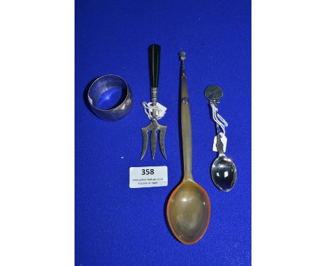 Hallmarked Sterling Silver Christening Set Comprising Thistle Mounted Horn Spoon, Christening Spoon, plus a Cheese Fork and a