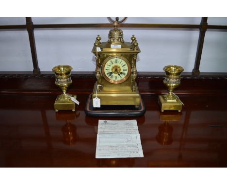 Late Victorian Brass Mantel Clock with Garniture on, Ebonised Stand (no dome) 