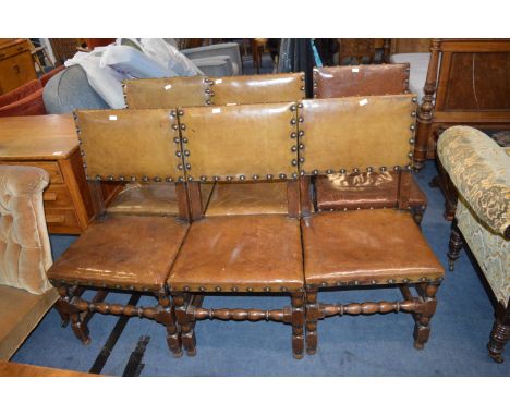 Six Bobbin Turned Dining Chairs with Leather Upholstery and Heavy Brass Studs 