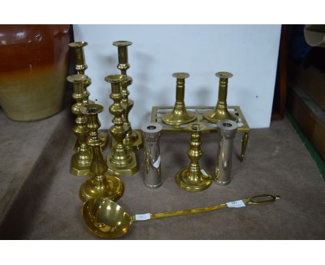 Brass Candlesticks, Kettle Stand, Ladle, etc. 