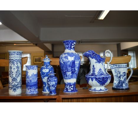 Copeland Spode, Delft, Royal Daulton, and Other Blue &amp; White Vases, Jugs, etc. 