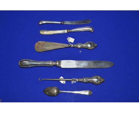 Hallmarked Sterling Silver Handled Knives, Button Hook, Shoe Horn, etc. 