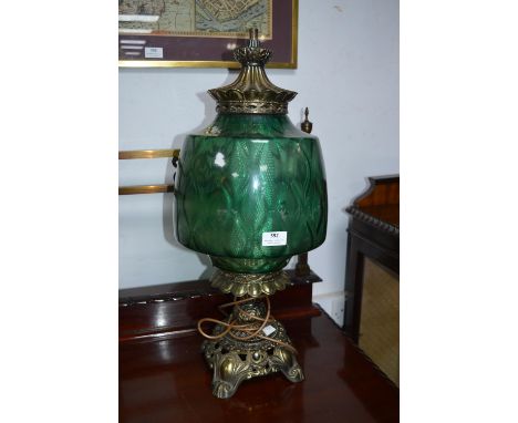 Large Brass and Green Glass Oil Lamp Style Electric Lamp 