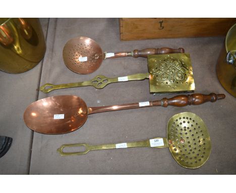 Four Victorian Utensils; Ladle, Strainers and a Chestnut Roaster 