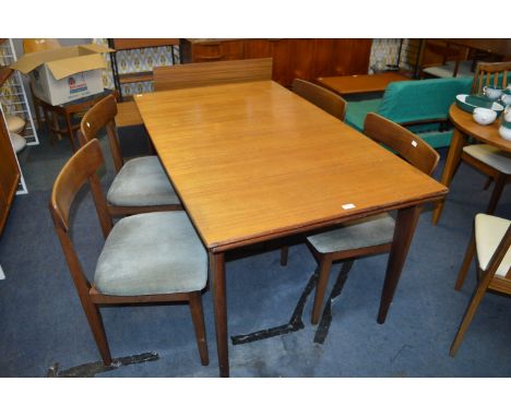 Ercol Teak Drawer Leaf Dining Table with Four Green Upholstered Chairs 