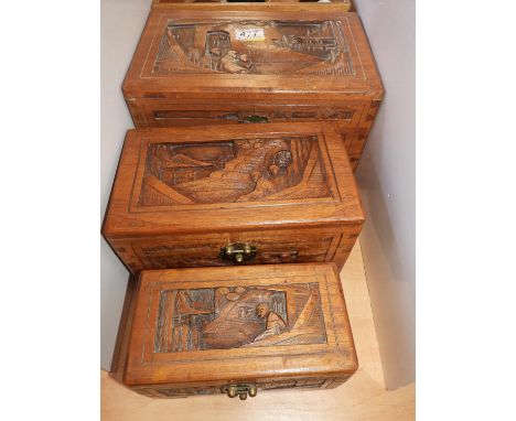 Set of 3x Graduated Carved Camphor Wood Trinket Boxes 