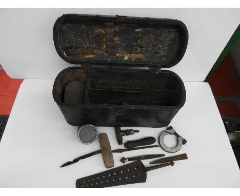 Antique Metal Bound Miniature Chest and Contents - Vintage Tools 