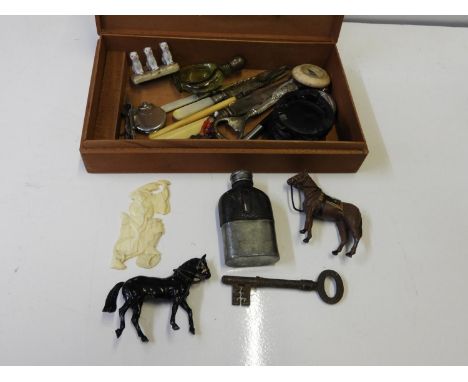 Cigar Box and Contents - Collectables, Hip Flask etc 