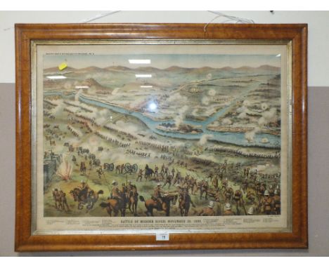 A VINTAGE MAPLE FRAMED AND GLAZED 'BATTLE OF THE MODDER RIVER' 1899 COLOUR PRINT BY G W BACON AND CO