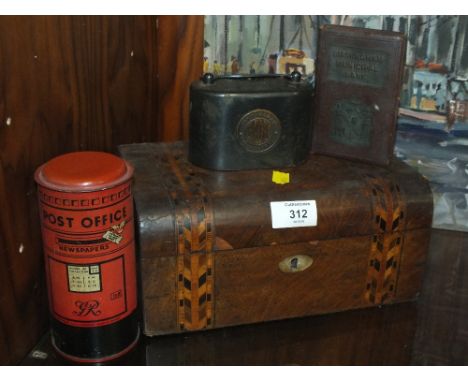 AN INLAID TRINKET BOX TOGETHER WITH THREE VINTAGE MONEY BANKS