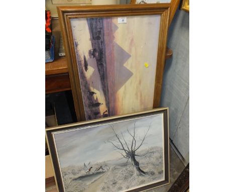 A COLLECTION OF PICTURES AND PRINTS TO INCLUDE N OIL ON BOARD OF DUCKS IN FLIGHT SIGNED M GODWIN 1965