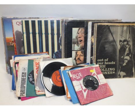 A COLLECTION OF LP RECORDS AND 7 INCH SINGLES TO INCLUDE THE ROLLING STONES, QUEEN, DAVID BOWIE ETC