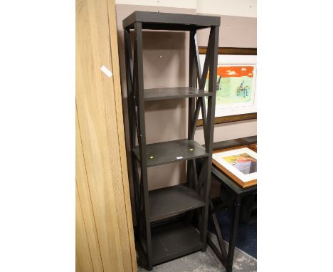 A MODERN SHABBY CHIC PAINTED GREY FLOOR STANDING THREE SHELF BOOKCASE - H 178 cm, W 50 cm, D 33 cm