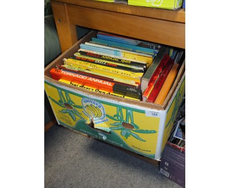 THREE TRAYS OF VINTAGE BOOKS, CHILDRENS ANNUALS ETC