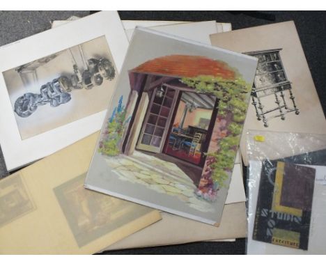 M. LEONARD CLIFTON (XX). English school, collection of mainly watercolours, pencil drawings etc., various subjects, mainly pe