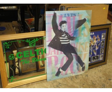 A COLLECTION OF FOOTBALL INTEREST POSTER AND MIRRORS TOGETHER WITH A COLLECTION OF FILM POSTERS 