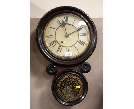 A VINTAGE MAHOGANY CLOCK WITH PENDULUM AND KEY