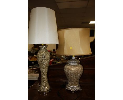 A MODERN EX-SHOW HOME TABLE LAMP WITH CRACKLE GLASS DESIGN TOGETHER WITH ANOTHER SIMILAR LAMP - BOTH WITH SHADES