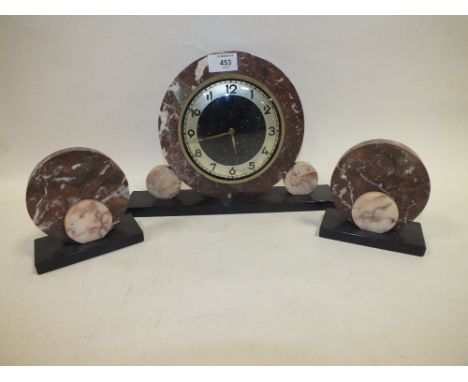 A VINTAGE GERMAN SLATE AND MARBLE CIRCULAR MANTLE CLOCK GARNITURE  