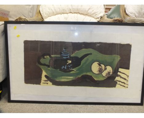 AFTER GEORGES BRAQUE (1882-1963). Abstract composition 'Teapot &amp; Apples', see verso, unsigned, coloured lithograph on pap