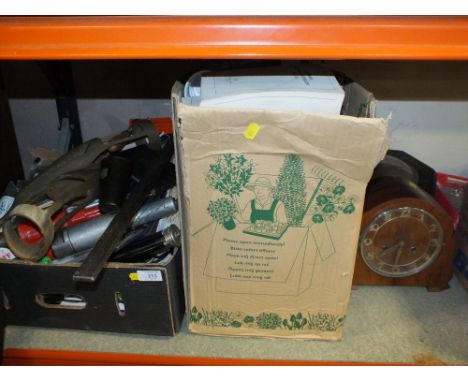 TWO BOXES OF ASSORTED SUNDRIES TO INCLUDE A HORN FLASK AND FIGURES, FOOTBALL RELATED BOOKS, CLOCKS ETC