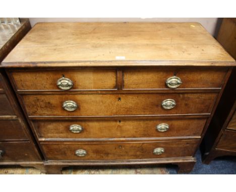 AN ANTIQUE MAHOGANY TWO OVER THREE CHEST OF DRAWERS WITH BRASS HANDLES AND BRACKET FEET - W 105 cm, D 52 cm