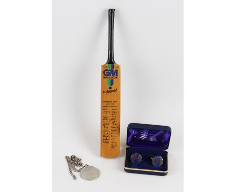 1980 Cricket Miniature Autograph Cricket Bat centenary test Lords 1980 by Gunn and Moore, with enamel 1880 - 1980 cufflinks a