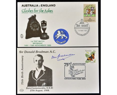 Two Cricket First Day Covers 1983 Donald Bradman signed 75th Birth Anniversary and 1986 Australia v England Clashes for the A