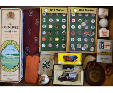 Eclectic golf collectibles - to incl Glen Livet Open golf Championship whiskey tin, Box Pro-Set tour cards, 1982 Pebble Beach