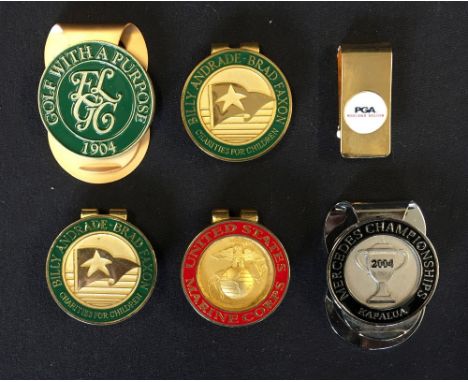 5x US Golf Tournament and other related brass and enamel money clip badges - incl 2004 Kapalua Mercedes PGA Championship (Stu