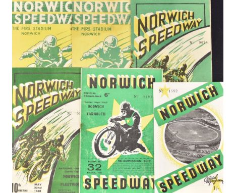 Norwich Speedway Programmes includes 1938 v Birmingham, 1946 v Glasgow, 1948 v Wigan, v Fleetwood, 1951 v Yarmouth and 1964 v