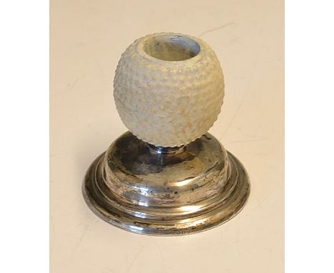 1910 Silver and ceramic golf ball match stick holder - fitted with bramble pattern ceramic golf ball mounted on silver  hallm