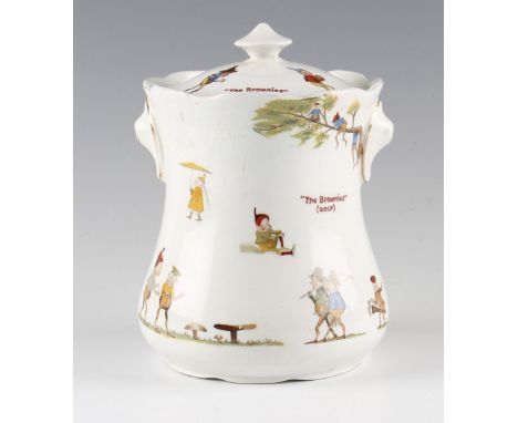 Scarce Grimwades "The Brownies" (Golf) ceramic biscuit barrel - decorated with Brownie golfers and other figures and inscribe