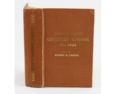 Wisden Cricketers' Almanack 1905 - 42nd edition - with wrappers, rebound in brown cloth boards with gilt title to spine and f