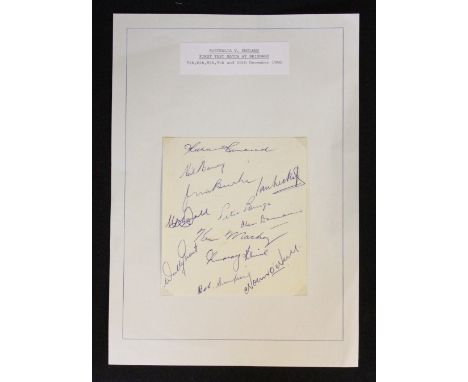 1958 Australia v England Cricket Signed Team Sheet for the first test match at Brisbane with 12 signatures to include Benaud,